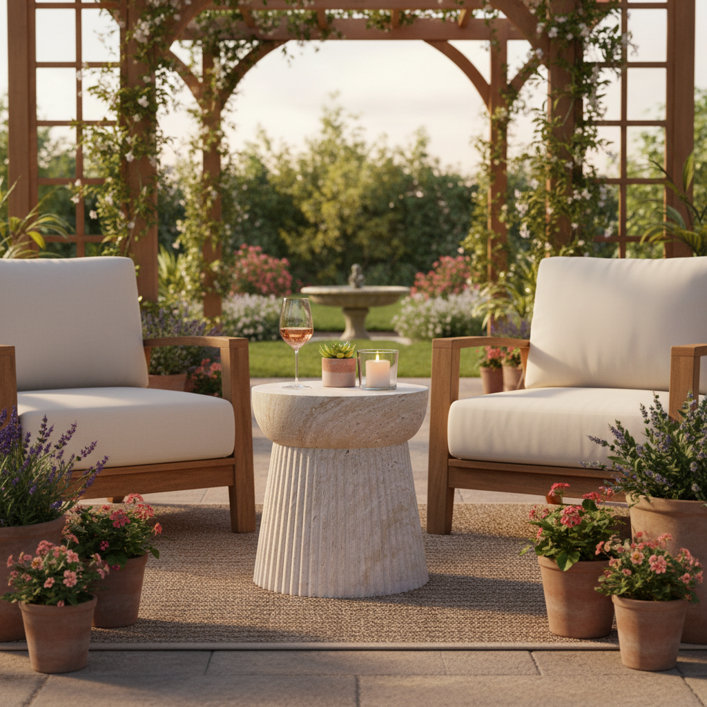 Bonne Beistelltisch mit Groove Design auf der Terrasse